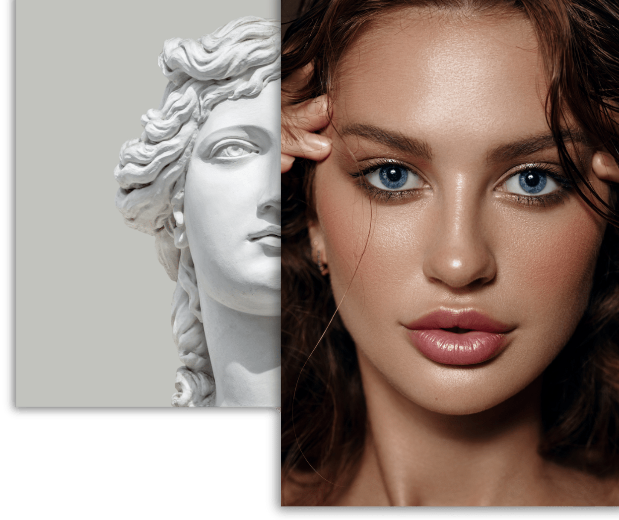 half of statue face and beautiful woman