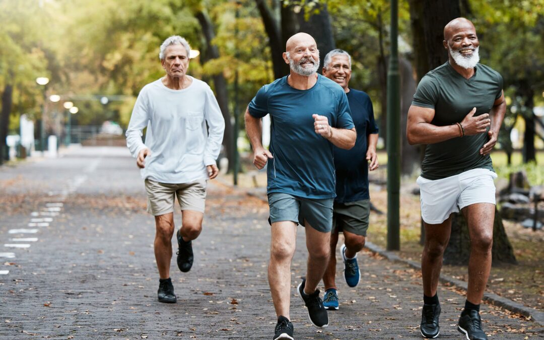 Senior, man group and running on street together for elderly fitness and urban wellness with happiness