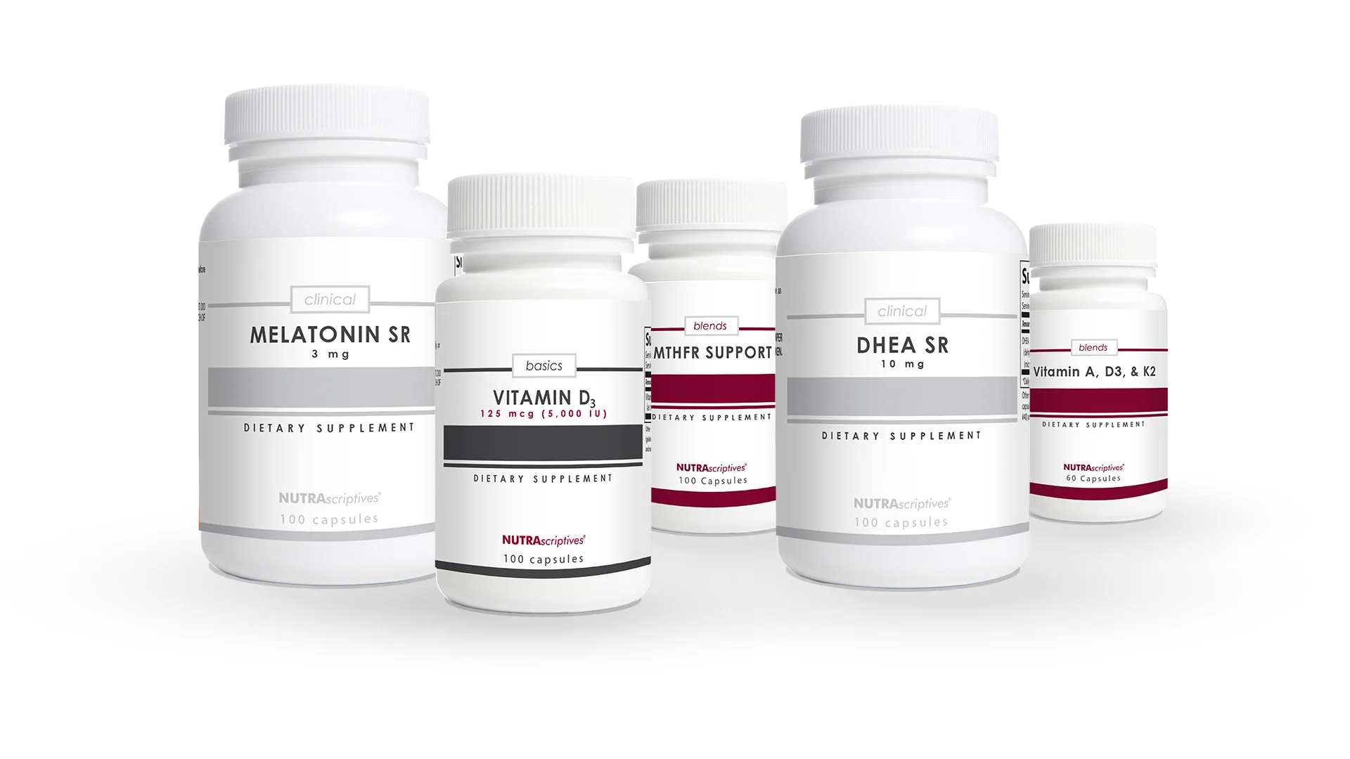 nutrascriptive supplement bottles on white background